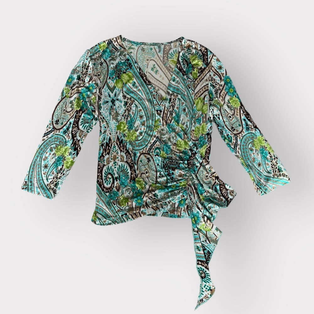 Blue & Green Floral Paisley Holographic Sequin Waterfall Ruffle Wrap Blouse